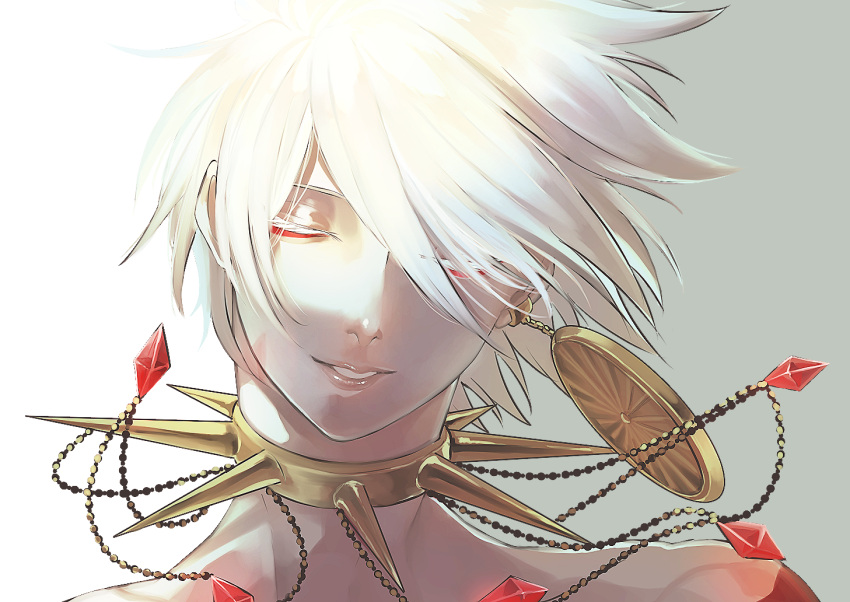 1boy bishounen closed_eyes collar colored_eyelashes commentary_request earrings eyeliner facing_viewer fate/apocrypha fate_(series) gradient_background grey_background hair_between_eyes jewelry karna_(fate) makeup male_focus pale_skin parted_lips portrait red_eyeliner short_hair sidelighting single_earring sm smile solo spiked_collar spikes white_background white_hair