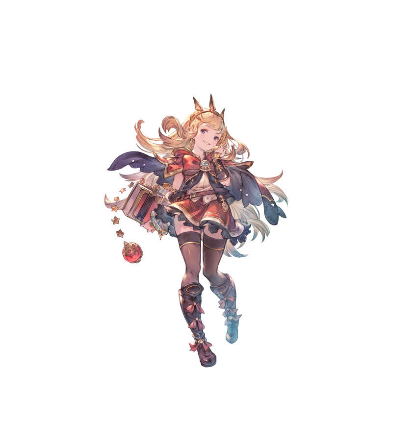 1girl absurdres blonde_hair book boots bracer cagliostro_(granblue_fantasy) cape floating_hair full_body granblue_fantasy granblue_fantasy:_relink headdress highres holding holding_book long_hair looking_at_viewer minaba_hideo official_art open_book short_sleeves skirt smile solo thighhighs transparent_background zettai_ryouiki