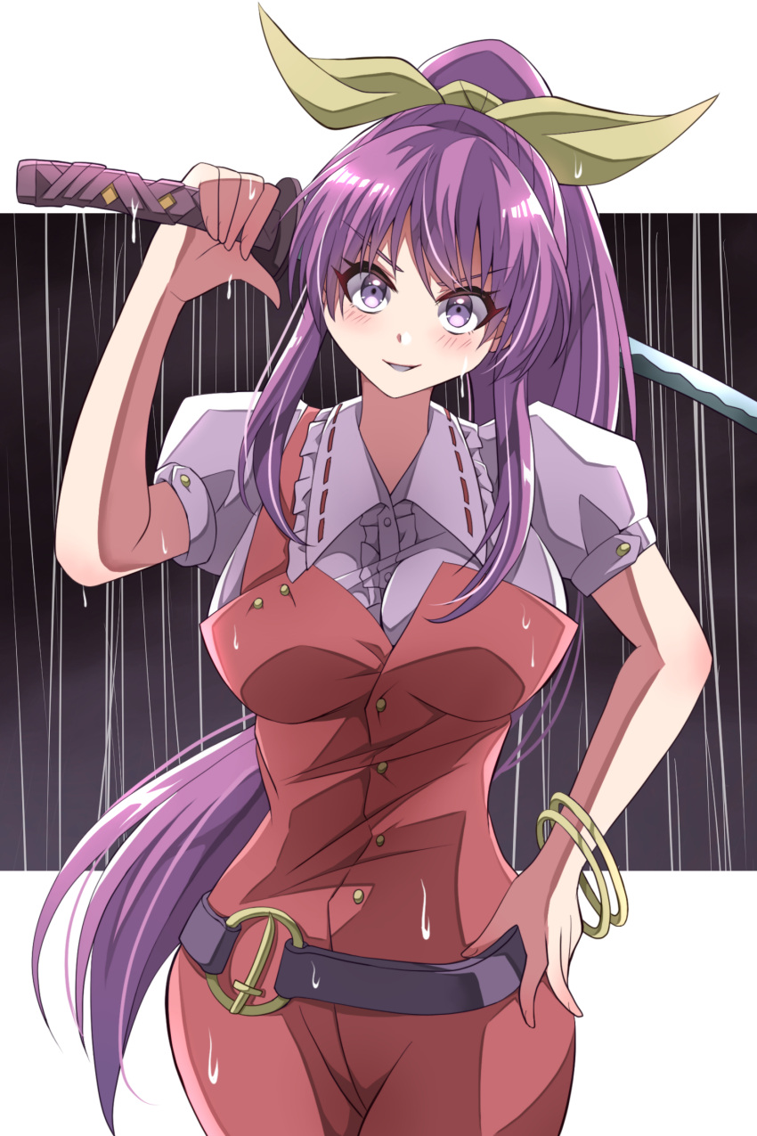 1girl bangle belt blush bracelet breasts buttons commentary_request cowboy_shot dress grin hair_ribbon hand_on_own_hip hand_up happy_ginko head_tilt highres holding holding_sword holding_weapon jewelry katana large_breasts long_hair looking_at_viewer outside_border puffy_short_sleeves puffy_sleeves purple_eyes purple_hair red_dress ribbon short_sleeves simple_background smile solo sword touhou v-shaped_eyebrows very_long_hair watatsuki_no_yorihime weapon white_background yellow_ribbon