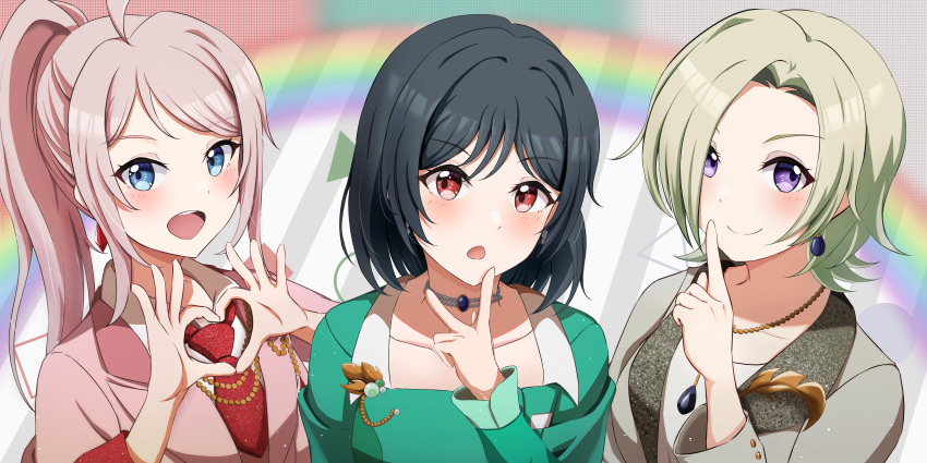 3girls absurdres ahoge black_hair blue_eyes blush closed_mouth collarbone collared_shirt commentary dress earrings green_dress grey_jacket heart heart_hands highres jacket jewelry long_hair long_sleeves looking_at_viewer love_live! love_live!_nijigasaki_high_school_idol_club mia_taylor mifune_shioriko multiple_girls necklace necktie ninben_(ninben_2892) open_mouth pink_hair pink_jacket ponytail purple_eyes r3birth_(love_live!) rainbow red_eyes red_necktie shirt short_hair sidelocks smile suit teeth upper_body upper_teeth_only vroom_vroom_(love_live!) white_shirt zhong_lanzhu
