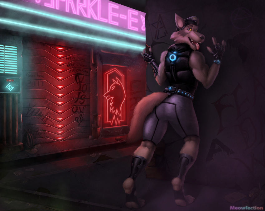 5_fingers against_surface against_wall amazing_background animal_humanoid anthro armor backstreet bar belt biceps black_nose bottle bottomwear bracelet bracers broken_glass canid canid_humanoid canine canis clock closed_door clothed clothing club container countershade_torso countershading cyberpunk deltoids detailed detailed_background detailed_fur devil_horns_(gesture) digitigrade dirt door electronics epic_games fangs feet fingers flashlight fluffy fluffy_tail fog fortnite fur garage_door gesture glass gloves glowing graffiti grey_body grey_clothing grey_fur handwear hat headgear headwear hi_res highlights_(coloring) humanoid jewelry lamp leaning leaning_forward leaning_on_wall legwear light lighting looking_at_viewer male mammal mammal_humanoid meowfection messy metal multicolored_arms multicolored_body multicolored_ears multicolored_fur multicolored_legs muscular muscular_anthro muscular_male neon neon_lights neon_sign newspaper nightclub pants paper pink_tongue purple_light red_light rust shaded shorts sign smile smiling_at_viewer smoke solo standing steam street street_sign synthwave tail teeth teeth_showing toes tongue tongue_out topwear toxic_waste trash trash_bag tube vambrace vest wall_(structure) wall_art watch wendell_(fortnite) white_body white_fur window wire wolf yellow_eyes