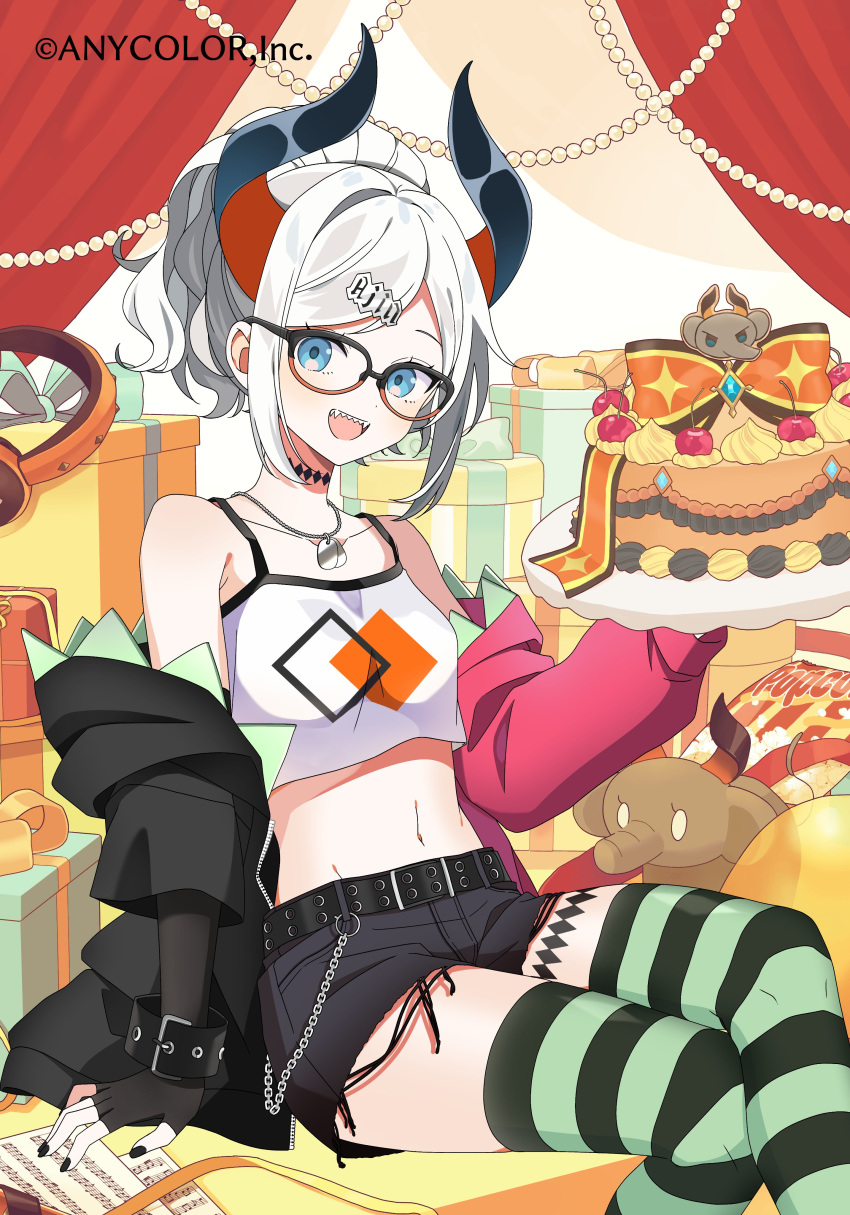 1girl :d absurdres alternate_costume alternate_hairstyle belt belt_chain black-framed_eyewear black_belt black_nails black_shorts blue_eyes box breasts cake copyright_name crop_top curtains dog_tags english_text fangs food gift gift_box glasses green_thighhighs hair_ornament headphones highres holding holding_plate hutaba_haru jacket leg_tattoo levi_elipha levi_elipha_(4th_costume) multicolored_clothes multicolored_jacket musical_note nail_polish navel neck_tattoo nijisanji official_alternate_costume official_alternate_hairstyle official_art open_clothes open_jacket open_mouth plate ponytail popcorn shorts sitting smile stomach striped_clothes striped_thighhighs stuffed_toy tattoo teeth thighhighs tongue unworn_headphones upper_teeth_only virtual_youtuber white_hair