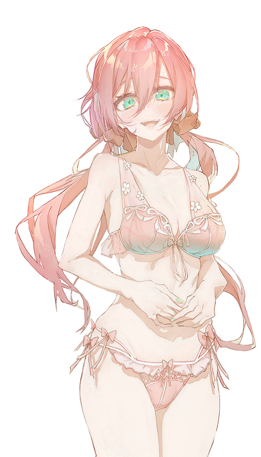 1girl artistic_error bare_arms bare_shoulders bikini bow bow_bikini breasts carcano_m1891_(girls'_frontline) cleavage collarbone cowboy_shot e_sky_rugo eyebrows_hidden_by_hair fingernails flower_bikini girls'_frontline green_eyes green_nails hair_between_eyes hair_bow highres jpeg_artifacts light_blush long_bangs long_hair looking_at_viewer lossy-lossless low_twintails medium_breasts nail_polish non-web_source open_mouth own_hands_together pink_bikini pink_hair pink_ribbon red_bow revision ribbon simple_background smile solo stomach swimsuit teeth twintails upper_teeth_only very_long_hair white_background