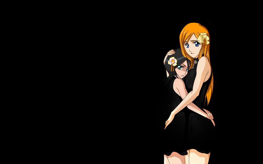 black black_hair bleach blue_eyes green_eyes inoue_orihime kuchiki_rukia long_hair orange_hair short_hair