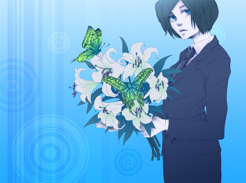 artist_request blue brown_hair bug butterfly flower formal insect meiko necktie pant_suit short_hair solo suit vocaloid