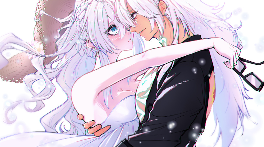 1boy 1girl arm_around_waist backless_outfit bare_shoulders blue_eyes blush braid breasts cleavage crown_braid dress earrings eyelashes fate_(series) genmai_(crowcrowclown) glowing_scar green_eyes hair_between_eyes hat hetero highres holding holding_removed_eyewear husband_and_wife jewelry kriemhild_(fate) long_hair looking_at_another parted_lips sidelocks siegfried_(fate) siegfried_(super_cool_biz)_(fate) strapless strapless_dress sun_hat unworn_eyewear upper_body white_background white_dress white_hair