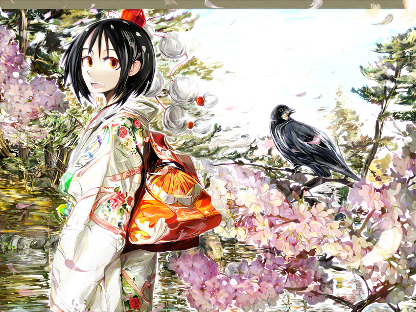 animal bird black_hair flowers hat japanese_clothes kuro_kichi petals shameimaru_aya touhou tree