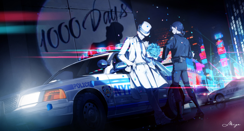 2boys absurdres anger_vein black_necktie blue_hair bouquet car cityscape closed_mouth coat flower ford ford_crown_victoria hand_in_pocket hat highres holding holding_bouquet leaning_against_vehicle migo45 motor_vehicle multiple_boys necktie night nypd open_clothes open_coat original outdoors pants police_car ponytail shadow shirt signature smile top_hat white_coat white_headwear white_pants white_shirt