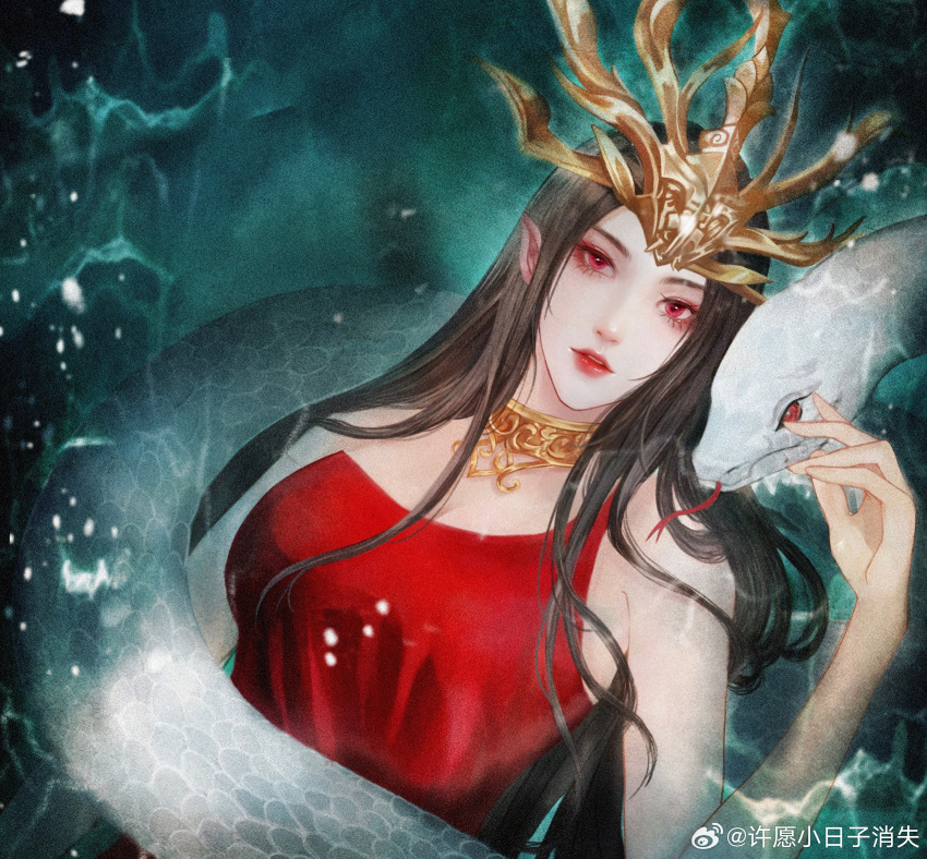 1girl artist_request bare_shoulders brown_hair cai_lin_(doupo_cangqiong) collar doupo_cangqiong dress forked_tongue hair_ornament highres long_hair metal_collar parted_lips pointy_ears red_dress red_eyes scales second-party_source snake solo teeth tongue upper_body water