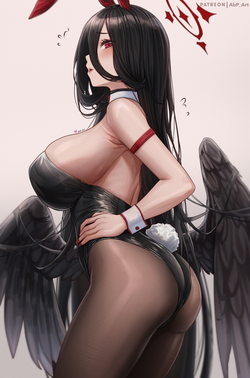 1girl abpart absurdres animal_ears arm_strap artist_name ass backless_leotard black_leotard black_pantyhose black_wings blue_archive breasts cowboy_shot detached_collar fake_animal_ears fake_tail feathered_wings from_side halo hand_on_own_hip hasumi_(blue_archive) highres large_breasts leotard long_hair looking_at_viewer low_wings pantyhose parted_lips playboy_bunny rabbit_ears rabbit_tail red_eyes red_halo sideways_glance solo standing strapless strapless_leotard tail very_long_hair white_wrist_cuffs wings wrist_cuffs