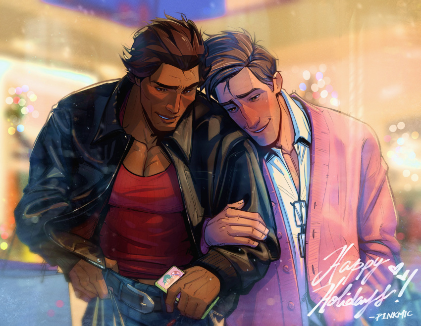 2boys absurdres artist_name bara belt black_belt black_hair black_jacket blue_pants blurry blurry_background cardigan collared_shirt couple dark-skinned_male dark_skin happy_holidays highres holding holding_phone jacket large_pectorals male_focus marvel miguel_o'hara multiple_boys muscular muscular_male open_cardigan open_clothes open_jacket p1nkmic pants pectorals peter_b_parker phone pink_sweater red_tank_top shirt short_hair smile spider-man:_across_the_spider-verse spider-man_(series) spider-verse sweater tank_top white_shirt yaoi