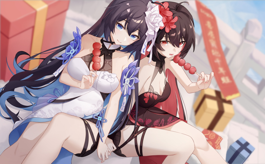 2girls absurdres bare_shoulders black_dress black_hair blue_eyes blue_hair blue_sky breasts china_dress chinese_clothes chinese_commentary cleavage closed_mouth dango dress dual_persona flower food gift hair_flower hair_ornament highres holding holding_food holding_hands honkai_(series) honkai_impact_3rd large_breasts ling_kongling long_hair looking_at_viewer multiple_girls open_mouth outdoors red_dress red_eyes red_flower red_hair seele_(alter_ego) seele_vollerei sitting sky sleeveless sleeveless_dress smile wagashi white_dress white_flower