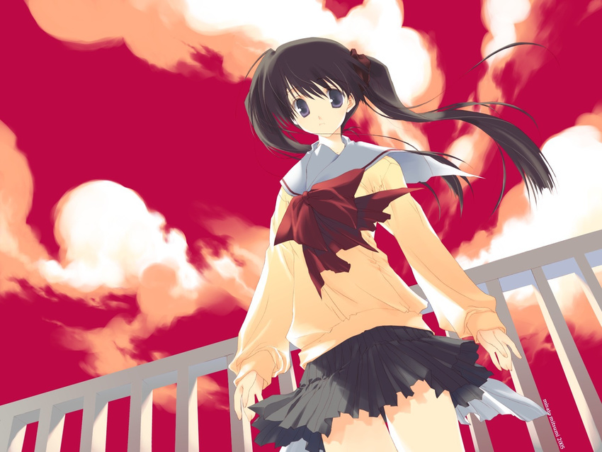 black_hair blue_eyes jpeg_artifacts seifuku skirt sky tagme twintails