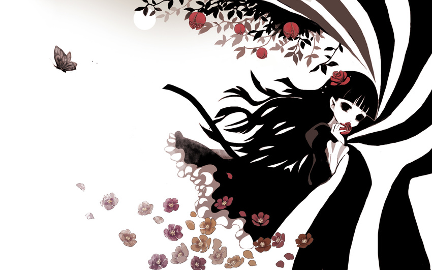 bug butterfly covering_mouth flower full_moon funakura hair_flower hair_ornament hollow_eyes insect kirishiki_sunako long_hair monochrome moon rose shiki solo wallpaper