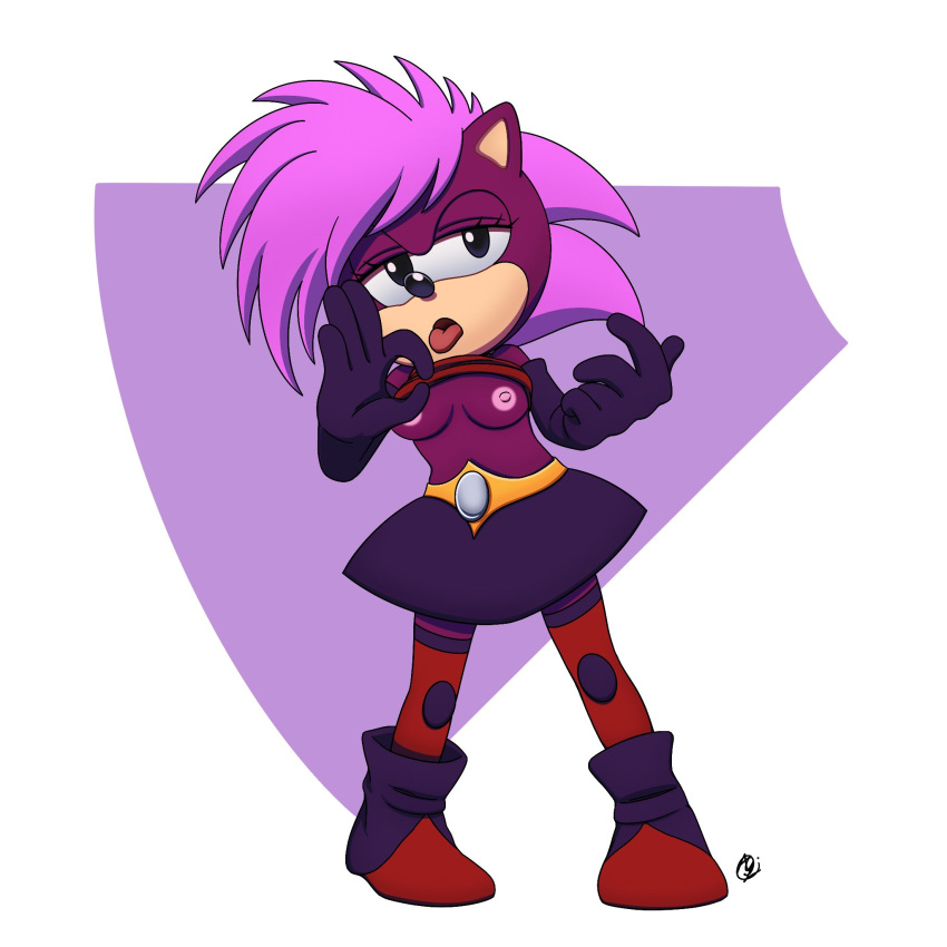 anthro boots bottomwear breasts clothed clothing clothing_lift female flashing flashing_breasts footwear gloves hair handwear hi_res humanoid innotsu legwear nipples pink_hair purple_body sega shirt shirt_lift skirt solo sonia_the_hedgehog sonic_the_hedgehog_(series) sonic_underground tongue tongue_out topwear