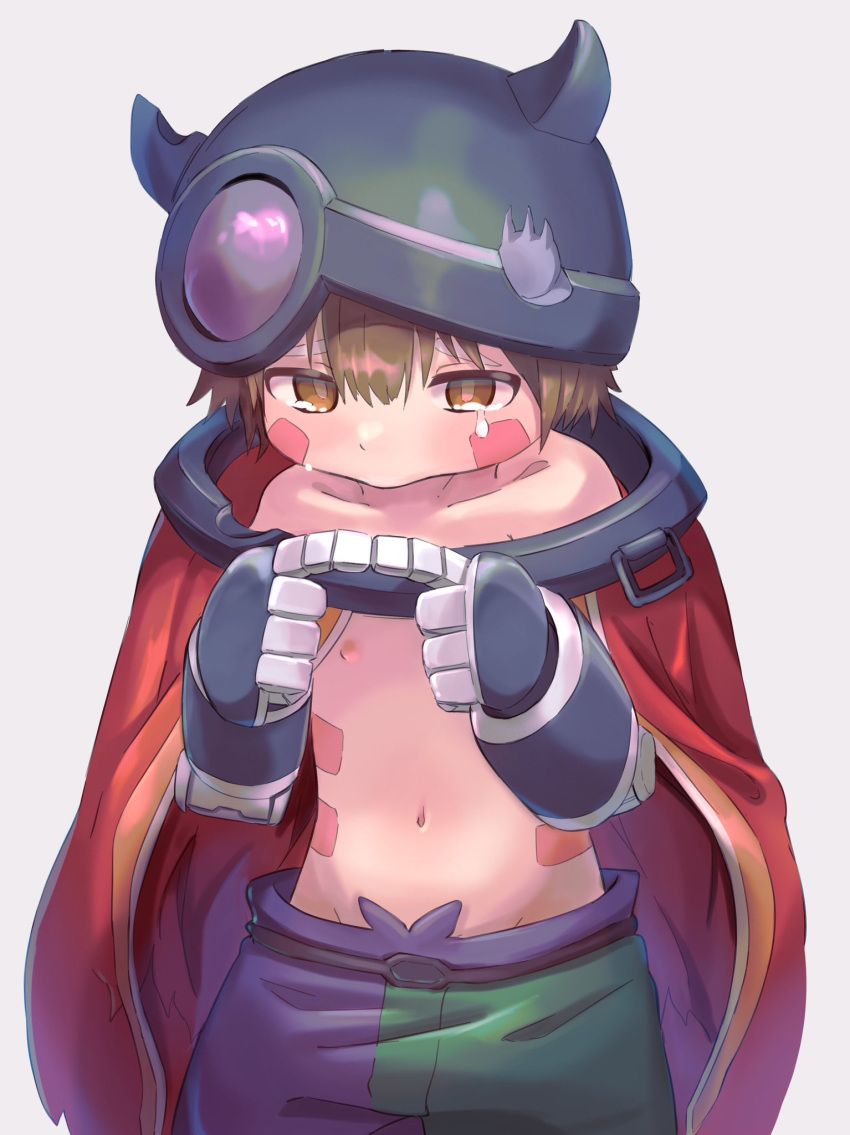 1boy aq_gohan black_shorts brown_eyes brown_hair cape child collarbone dark_skin facial_mark green_shorts hair_between_eyes helmet highres made_in_abyss mechanical_arms multicolored_clothes multicolored_shorts navel nipples own_fingers_together pout red_cape regu_(made_in_abyss) short_hair shorts simple_background solo tears topless_male white_background