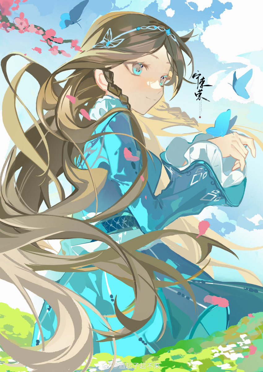 1girl absurdres artist_request blue_dress blue_eyes braid branch brown_hair bug butterfly closed_mouth douluo_dalu dress floating_hair frilled_sash from_side highres long_hair long_sleeves ning_rongrong_(douluo_dalu) sash second-party_source sky smile solo tiara twin_braids upper_body