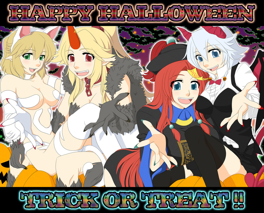 cosplay felicia felicia_(cosplay) halloween happy_halloween hong_meiling horn horns hoshiguma_yuugi izayoi_sakuya jack-o'-lantern jiangshi lei_lei lei_lei_(cosplay) mizuhashi_parsee multiple_girls neko_majin pumpkin touhou trick_or_treat vampire_(game)