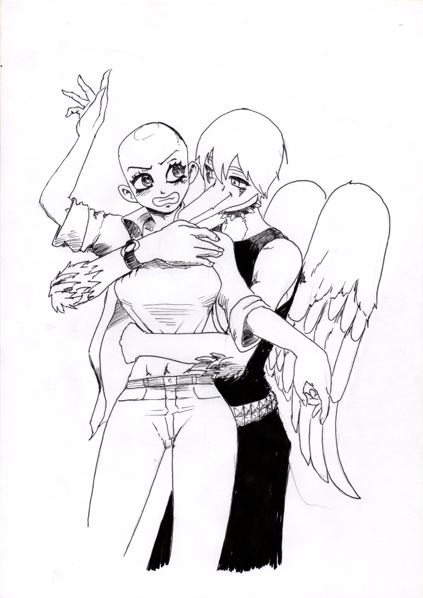 5_fingers absurd_res anon_(snoot_game) anthro arm_feathers bald blush breasts clenched_teeth clothing collar crossgender duo elbow_feathers embrace fang_(gvh) feathered_wings feathers female female_on_anthro fingers ftm_crossgender goodbye_volcano_high hi_res hug hugging_from_behind human human_on_anthro interspecies jacket male male/female male_anthro male_on_human mammal monochrome mtf_crossgender navel pterodactylus pterosaur reptile scalie shirt shyny48941006 sketch smile snoot_game snout standing studded_belt studded_collar tank_top teeth thigh_gap topwear traditional_media_(artwork) wings wristband