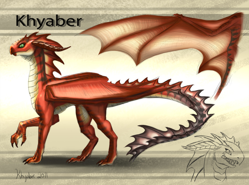 2011 ambiguous_gender dragon feral frill_(anatomy) green_eyes khyaber membrane_(anatomy) membranous_wings mouth_closed neck_frill pupils red_body red_wings scales scalie side_view signature slit_pupils solo striped_neck tan_body tan_scales tan_wings wings