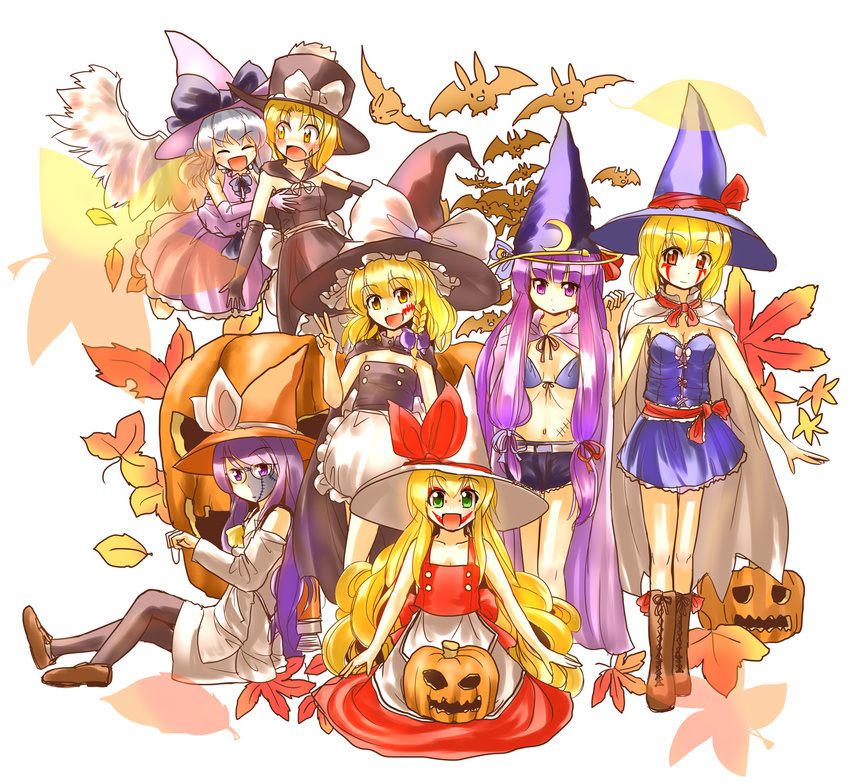 alice_margatroid asakura_rikako bad_id bad_pixiv_id bat bikini_top blonde_hair boots braid cape cross-laced_footwear culter denim denim_shorts ellen glasses green_eyes halloween hat highres jack-o'-lantern jetpack kirisame_marisa lace-up_boots loafers long_hair mai_(touhou) multiple_girls pantyhose patchouli_knowledge pumpkin purple_eyes purple_hair shoes shorts top_hat touhou touhou_(pc-98) wings witch_hat yuki_(touhou)