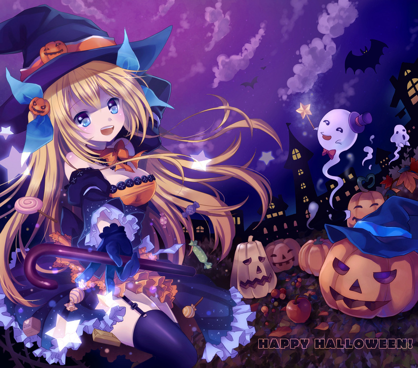 aizawa_hikaru bat black_legwear blonde_hair blue_eyes candy cane food garter_belt ghost gloves glowing halloween happy_halloween hat jack-o'-lantern long_hair mauve microsoft os-tan pumpkin silverlight solo star thighhighs witch witch_hat