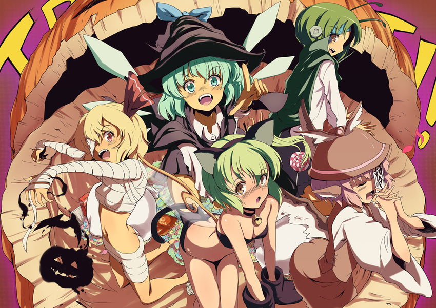 animal_ears antennae ass bad_id bad_pixiv_id blonde_hair blue_eyes blue_hair bow breasts candy cape cat_ears cat_tail cirno cleavage daiyousei flat_chest food green_hair hair_bow hair_ribbon halloween hands_clasped hat jack-o'-lantern jiangshi kurobuta_(meregear) medium_breasts midriff multiple_girls mummy music mystia_lorelei own_hands_together pink_hair pointing pumpkin red_eyes ribbon rumia short_hair side_ponytail singing small_breasts tail team_9 touhou wings witch_hat wriggle_nightbug yellow_eyes