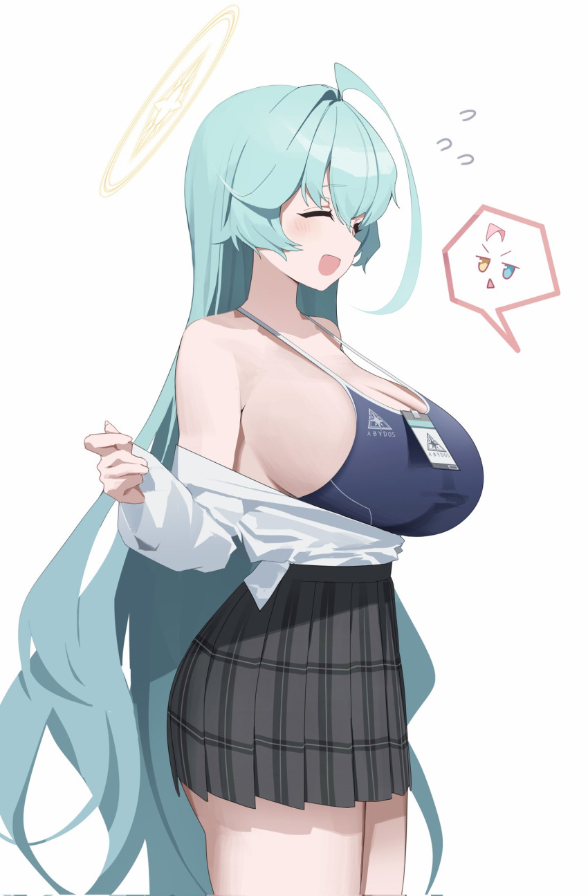 1girl abydos_high_school_swimsuit ahoge ass black_one-piece_swimsuit black_skirt blue_archive blush breasts cleavage closed_eyes collared_shirt corrupted_twitter_file cowboy_shot green_hair halo highres hoshino_(blue_archive) hoshino_(young)_(blue_archive) huge_ahoge huge_breasts long_hair nagul one-piece_swimsuit open_mouth pleated_skirt school_swimsuit shirt simple_background skirt smile solo swimsuit swimsuit_under_clothes white_background white_shirt yellow_halo yume_(blue_archive)