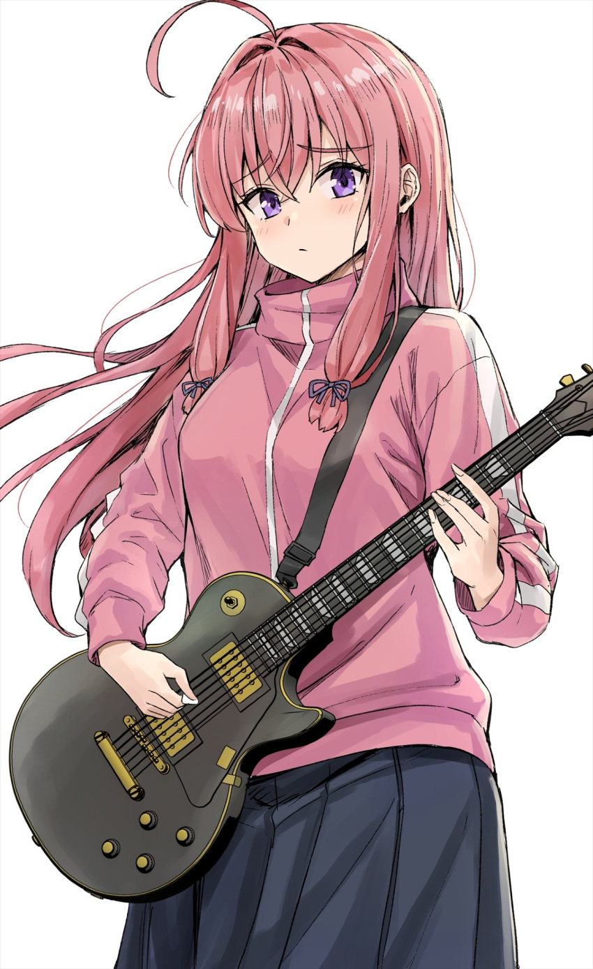 1girl ahoge black_skirt blush bocchi_the_rock! closed_mouth commentary_request cosplay crossed_bangs electric_guitar gotoh_hitori gotoh_hitori_(cosplay) guitar hair_between_eyes hair_intakes hands_up highres holding holding_plectrum instrument jacket koyuki_(kotatsu358) long_hair long_sleeves looking_at_viewer neet_de_otaku_na_kunoichi_to_naze_ka_dousei_hajimemashita pink_hair pink_jacket plectrum purple_eyes shizuri_(neet_de_otaku_na_kunoichi_to_naze_ka_dousei_hajimemashita) simple_background skirt solo track_jacket white_background