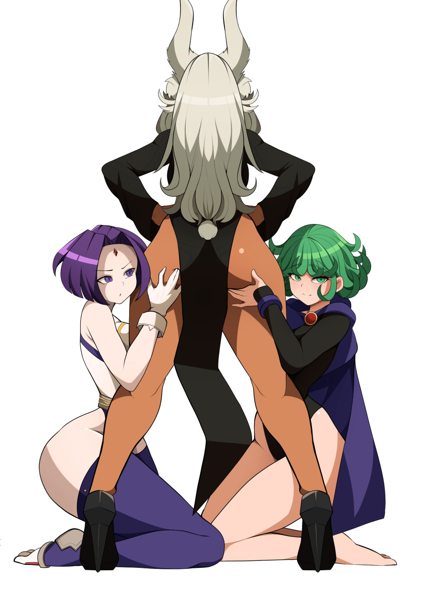 3girls :o absurdres animal_ears ass ass_worship bare_hips bare_legs bare_shoulders black_dress black_footwear black_leotard boku_no_hero_academia breasts cape cosplay costume_switch crescent_print crossover dark-skinned_female dark_skin dc_comics dress english_commentary facing_away flipped_hair forehead_jewel gloves green_eyes green_hair hand_on_another's_ass hands_on_own_hips high_heels highleg highleg_leotard highres kneeling large_breasts leotard lixiart long_hair long_sleeves looking_at_another looking_at_viewer mirko multiple_girls one-punch_man parted_bangs parted_lips pelvic_curtain purple_cape purple_eyes purple_hair purple_thighhighs rabbit_ears rabbit_girl rabbit_tail raven_(dc) short_hair sleeveless_turtleneck_leotard smile tail tail_through_clothes tatsumaki thighhighs thighs white_background white_gloves white_hair white_leotard