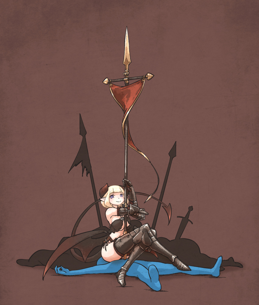 1girl armor bare_shoulders blonde_hair blue_eyes blunt_bangs boots borrowed_character breasts clinye_(ironlily) demon_girl demon_horns demon_wings gauntlets greaves highres holding holding_polearm holding_weapon horns ironlily medium_breasts navel original polearm short_hair sitting sitting_on_person smile weapon wings