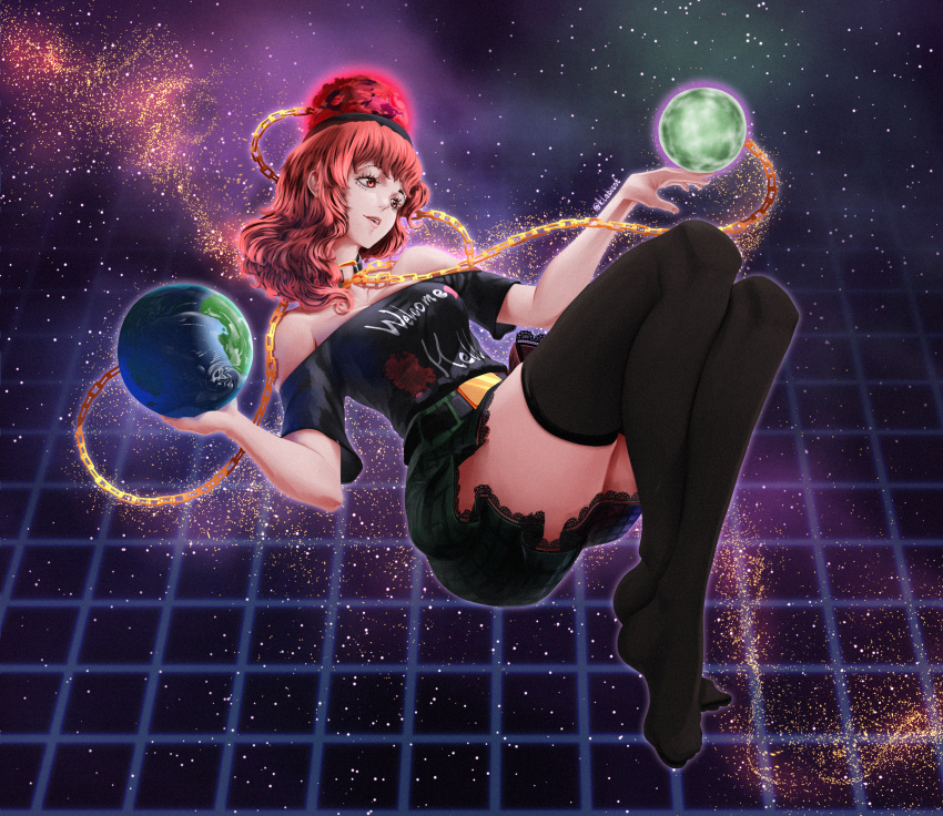 1girl absurdres belt black_shirt black_thighhighs chain clothes_writing earth_(ornament) feet grid hecatia_lapislazuli highres klabisot legs moon_(ornament) multicolored_clothes multicolored_skirt no_shoes off-shoulder_shirt off_shoulder open_mouth plaid plaid_skirt red_eyes red_hair shirt skirt solo space thighhighs toes touhou