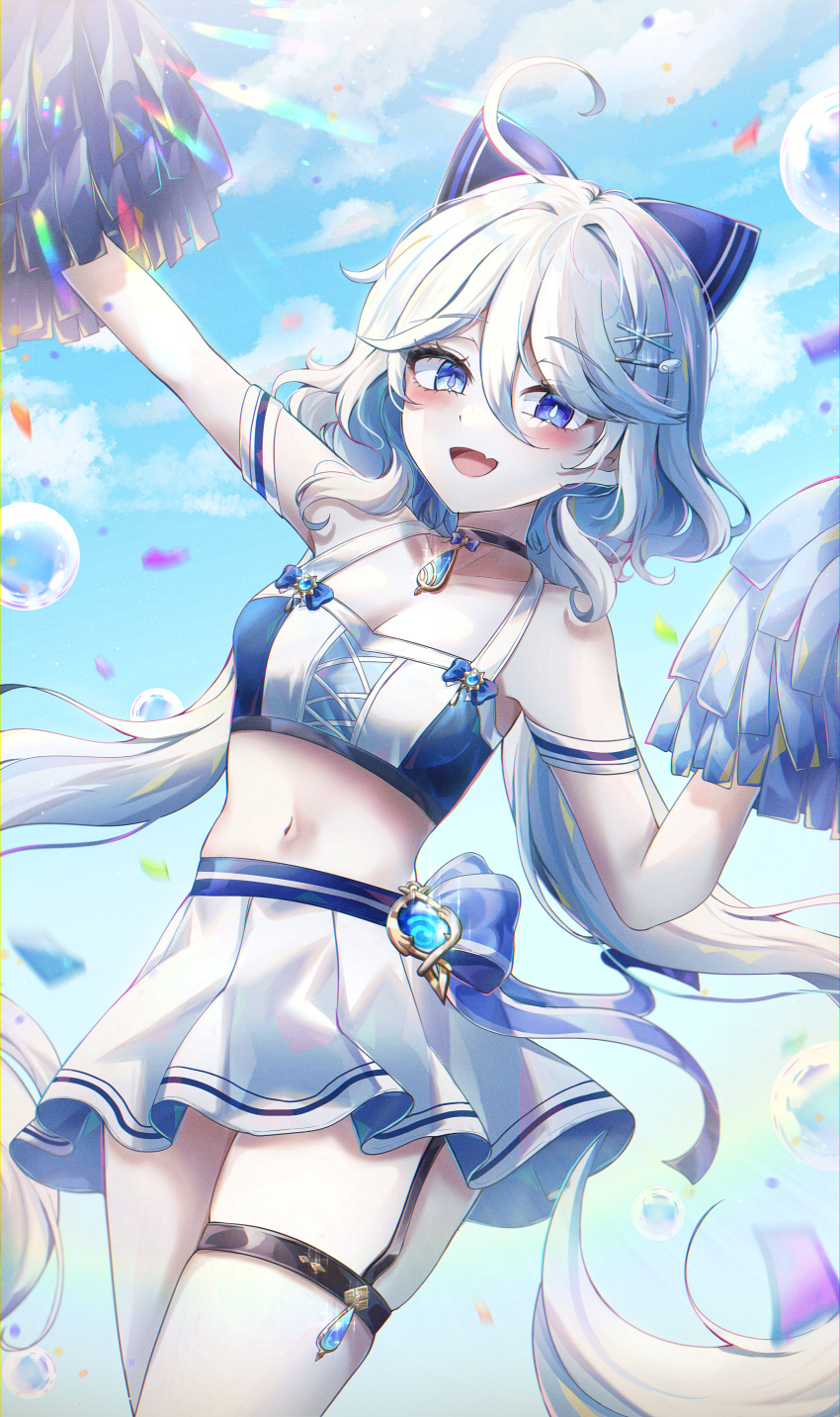 1girl absurdres blue_bow blue_brooch blue_eyes bow cheerleader cloud drop-shaped_pupils fang furina_(genshin_impact) genshin_impact hair_between_eyes hair_bow hair_ornament highres holding holding_pom_poms navel open_mouth pom_pom_(cheerleading) ryunbi skin_fang skirt smile solo white_hair