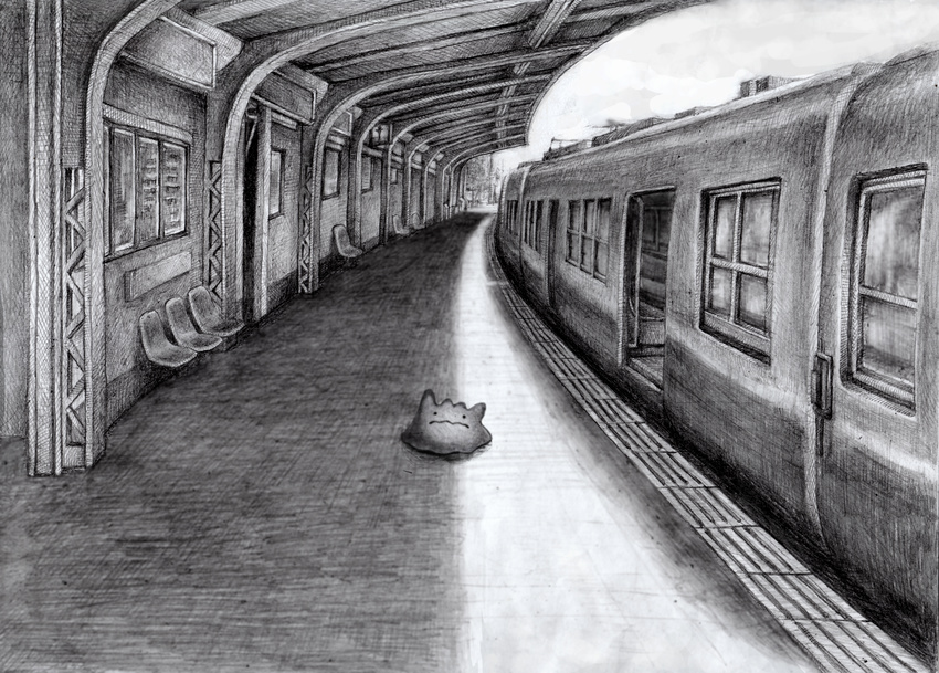 commentary_request ditto frown gen_1_pokemon greyscale ground_vehicle highres monochrome no_humans nobita pokemon pokemon_(creature) solo tactile_paving traditional_media train train_station