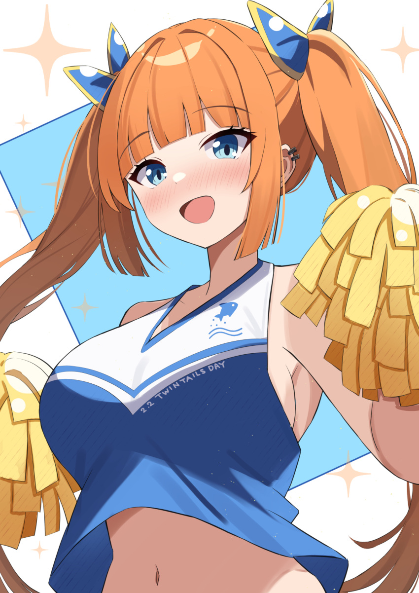 1girl :d amenocchi backboob blue_background blue_eyes blue_ribbon blunt_bangs blunt_ends blush breasts cheerleader clothes_lift clothes_writing commentary_request ear_piercing english_text eyelashes hair_ribbon happy highres hime_cut holding holding_pom_poms large_breasts long_hair looking_at_viewer navel nose_blush open_mouth orange_hair original piercing pom_pom_(cheerleading) ribbon shirt shirt_lift sidelocks simple_background sleeveless sleeveless_shirt smile solo sparkle stomach straight_hair tsurime twintails twintails_day two-tone_background upper_body very_long_hair white_background