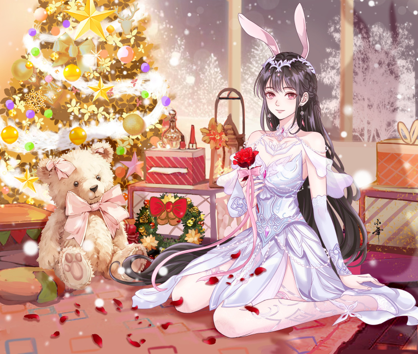 1girl absurdres animal_ears artist_request bare_shoulders brown_hair carpet christmas_tree douluo_dalu dress flower full_body gift highres holding holding_flower long_hair pillar rabbit_ears second-party_source sitting snow solo star_(symbol) stuffed_animal stuffed_toy table teddy_bear white_dress white_footwear xiao_wu_(douluo_dalu)
