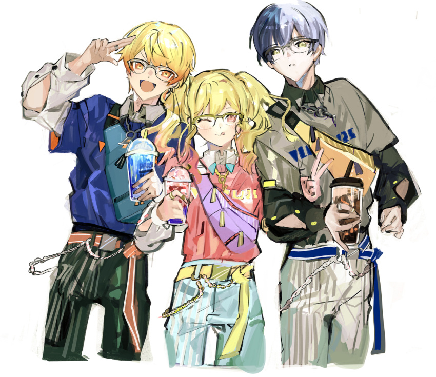 1girl 2boys aoyagi_touya bespectacled black_pants blonde_hair blue_hair blue_pants brother_and_sister closed_mouth cup fanny_pack glasses hipster_walk_(project_sekai) holding holding_cup long_hair long_sleeves looking_at_viewer multicolored_hair multiple_boys pants pink_eyes pink_sweater project_sekai puffy_long_sleeves puffy_sleeves pyongtaro shirt siblings smile split-color_hair sweater tenma_saki tenma_tsukasa twintails white_pants white_shirt yellow_eyes