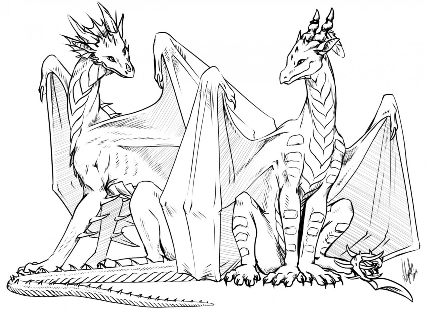 2013 ambiguous_gender belly_scales claws dated dragon duo ear_frill ears_back feral frill_(anatomy) horn khyaber membrane_(anatomy) membranous_wings monochrome pivoted_ears scales scalie signature simple_background sitting spiked_tail spikes spikes_(anatomy) tail wings