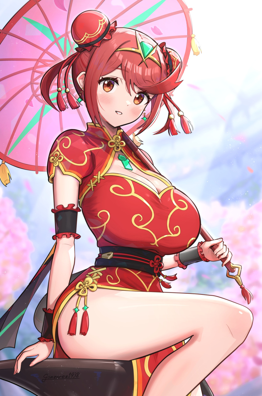 1girl absurdres alternate_costume alternate_hairstyle artist_name breasts chest_jewel china_dress chinese_clothes cleavage double_bun dress gonzarez hair_bun highres holding holding_umbrella huge_breasts looking_at_viewer parted_lips pyra_(xenoblade) red_dress red_eyes red_hair sitting smile solo teeth thighs tiara umbrella xenoblade_chronicles_(series) xenoblade_chronicles_2
