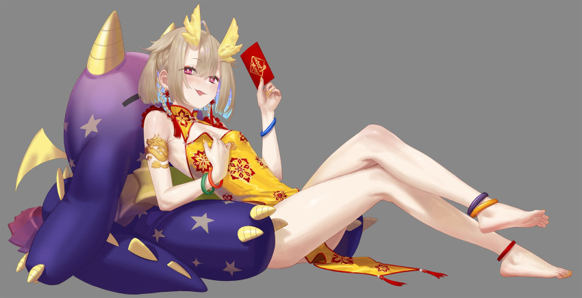 1girl agemmata ahoge anklet antlers arm_tattoo bare_legs barefoot blonde_hair blue_hair blunt_bangs bob_cut bracelet braid breasts china_dress chinese_clothes cleavage colored_inner_hair dragon_tattoo dress earrings english_commentary envelope feet full_body grey_background hair_between_eyes hand_up highres holding holding_envelope hongbao horns jewelry legs looking_at_viewer medium_hair multicolored_hair original reclining red_eyes simple_background single_braid small_breasts soles solo star-shaped_pupils star_(symbol) star_print stuffed_animal stuffed_dragon stuffed_toy symbol-shaped_pupils tassel tassel_earrings tattoo toes tongue tongue_out yellow_dress yellow_horns yellow_nails yellow_wings
