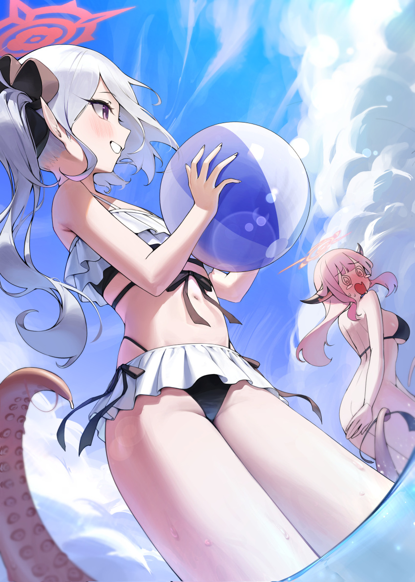 2girls @_@ absurdres alternate_costume aru_(blue_archive) ball bare_arms bare_legs bare_shoulders beachball bikini black_bikini blue_archive blush breasts brown_horns day demon_horns fingernails flat_chest frilled_bikini frills grey_hair grin halo highres holding holding_ball holding_beachball horns large_breasts long_hair multiple_girls mutsuki_(blue_archive) open_mouth outdoors pink_hair pointy_ears purple_eyes sbgu side_ponytail smile swimsuit tentacles white_bikini