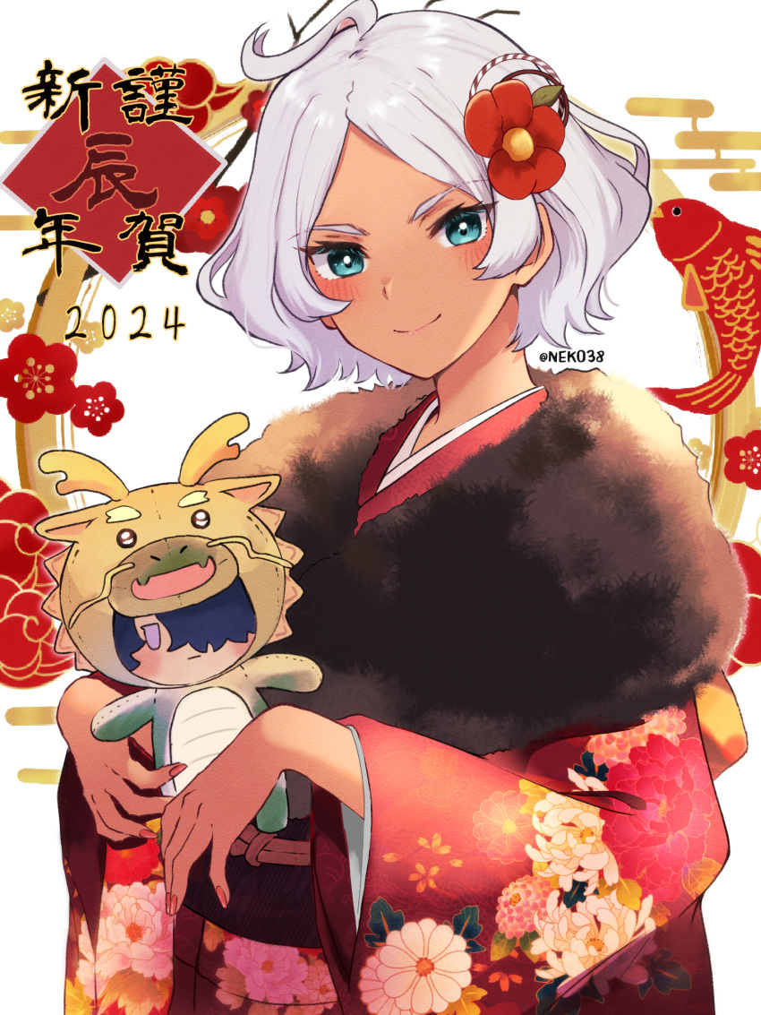 1girl animal_costume blush breasts character_doll chinese_zodiac dragon_costume floral_print furisode green_eyes grey_hair gundam gundam_suisei_no_majo highres japanese_clothes kimono large_breasts long_sleeves looking_at_viewer mizuno374 red_kimono rouji_chante secelia_dote smile solo twitter_username year_of_the_dragon