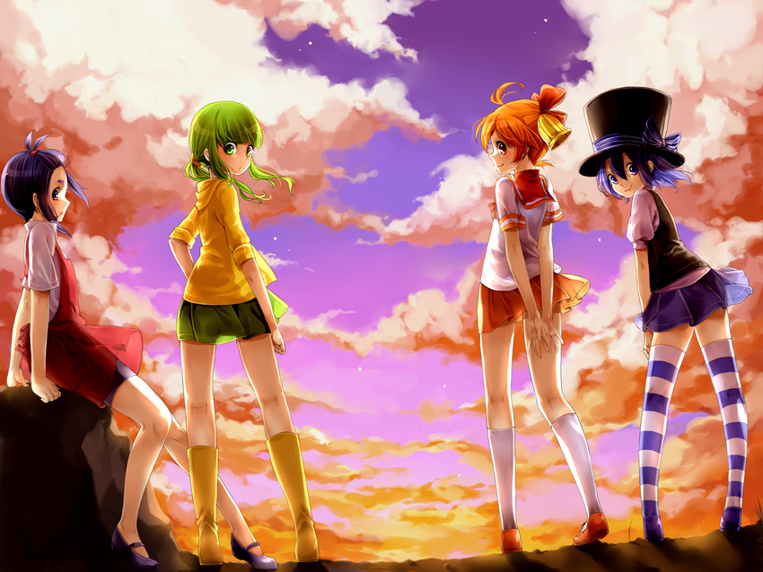 blue_eyes blue_hair boots clouds green_eyes green_hair hat orange_eyes orange_hair original purple_hair ribbons see_through seifuku sky thigh-highs violet_eyes