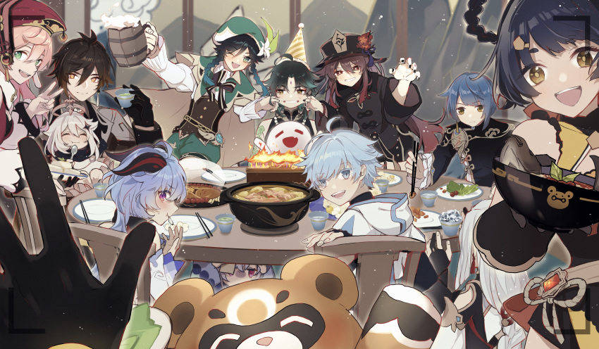 6+boys 6+girls ^_^ absurdres aether_(genshin_impact) aqua_hair bear beer_mug birthday_cake black_hair black_nails blue_hair boo_tao_(genshin_impact) bowl braid braided_hair_rings brown_hair cake candle cape chair cheek_pull chongyun_(genshin_impact) chopsticks closed_eyes closed_mouth coat cup drink eating facing_viewer fake_phone_screenshot fake_screenshot fingernails fire flower food food_in_mouth ganyu_(genshin_impact) genshin_impact ghost gloom_(expression) gloves green_eyes grey_hair grin guoba_(genshin_impact) hair_between_eyes hair_rings halo hand_on_another's_cheek hand_on_another's_face hat hat_flower height_difference hiding highres holding holding_bowl holding_chopsticks holding_cup holding_spoon hood hood_down horns hoshiyui_tsukino hu_tao_(genshin_impact) indoors leaning_to_the_side long_hair long_sleeves looking_at_viewer mechanical_halo mug multicolored_hair multiple_boys multiple_girls nail_polish on_chair one_eye_closed open_mouth paimon_(genshin_impact) pink_hair pov pov_hands purple_eyes qiqi_(genshin_impact) red_eyes shenhe_(genshin_impact) shirt short_hair sitting smile spoon standing sweat table taking_picture twin_braids two-tone_hair under_table v venti_(genshin_impact) vest viewfinder vision_(genshin_impact) xiangling_(genshin_impact) xiao_(genshin_impact) xingqiu_(genshin_impact) yanfei_(genshin_impact) yellow_eyes zhongli_(genshin_impact)