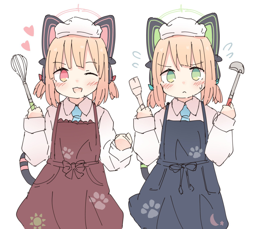 2girls alternate_costume animal_ear_headphones animal_ears apron blonde_hair blue_apron blue_archive blue_necktie blush bow cat_ear_headphones collared_shirt crescent_print fake_animal_ears fake_tail flying_sweatdrops green_bow green_eyes green_halo hair_bow halo hands_up headphones heart highres holding holding_ladle holding_whisk kamotsu_yasai ladle long_sleeves looking_at_viewer midori_(blue_archive) momoi_(blue_archive) multiple_girls necktie one_eye_closed open_mouth paw_print pink_eyes pink_halo red_apron red_bow shirt short_hair siblings sisters smile sun_print tail twins whisk white_background white_headwear white_shirt