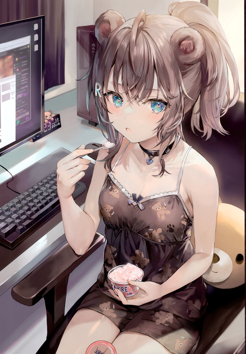1girl :o absurdres ahoge animal_ears aru_(momoko) bare_arms bare_shoulders bear_ears black_choker black_shirt black_shorts blue_eyes breasts camisole chair choker clock collarbone computer cpu digital_clock food grey_hair hair_ornament heart heart-shaped_pupils highres holding holding_food holding_spoon ice_cream keyboard_(computer) letter_hair_ornament light_blush long_hair looking_at_viewer momoko_(momopoco) monitor mouse_(computer) office_chair open_mouth original ponytail scan segment_display shirt short_shorts shorts sitting sleeveless sleeveless_shirt small_breasts solo spaghetti_strap spoon swivel_chair symbol-shaped_pupils