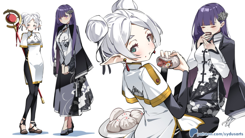 2girls artist_name black_dress black_footwear blush bun_(food) capelet china_dress chinese_clothes closed_mouth clothing_cutout cup double_bun dress earrings eating elf fern_(sousou_no_frieren) food food_on_face frieren full_body green_eyes grey_hair hair_bun holding holding_cup holding_food holding_staff jewelry long_hair long_sleeves looking_at_viewer mage_staff multiple_girls multiple_views parted_bangs patreon_logo patreon_username pelvic_curtain pink_nails pointy_ears print_dress purple_eyes purple_hair shirt shoes short_hair side_slit smile sousou_no_frieren staff standing sydus very_long_hair web_address white_background white_hair