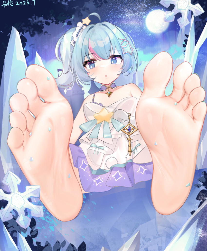 1girl ahoge aqua_nails armpit_crease bare_shoulders barefoot blue_eyes blue_hair blush character_request choker collarbone copyright_request crystal dated dress eyelashes feet foot_focus hair_intakes highres kalun_(fwme3378) long_hair looking_at_viewer multicolored_hair nail_polish open_mouth outdoors paid_reward_available purple_choker purple_dress short_dress side_ponytail single_strap sitting soles solo star-shaped_pupils star_(symbol) streaked_hair symbol-shaped_pupils toenail_polish toenails toes white_dress