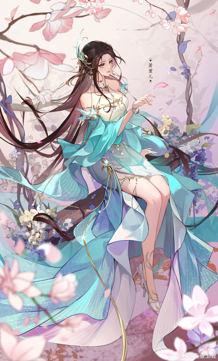 1girl absurdres artist_request bare_shoulders brown_hair closed_mouth detached_sleeves doupo_cangqiong earrings facial_mark falling_petals fog forehead_mark gu_xun_er_(doupo_cangqiong) hair_ornament high_heels highres jewelry long_hair official_art petals sitting smile solo sparkle swing_set