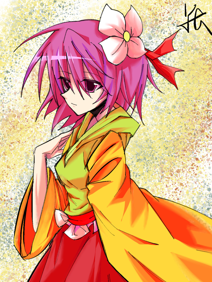 1girl breasts chinese_commentary closed_mouth commentary_request flower frills from_side green_shirt hair_flower hair_ornament hieda_no_akyuu highres long_sleeves medium_hair pink_eyes pink_hair red_skirt shirt skirt small_breasts solo touhou white_flower wide_sleeves yellow_sleeves yuan_(yuan068533)